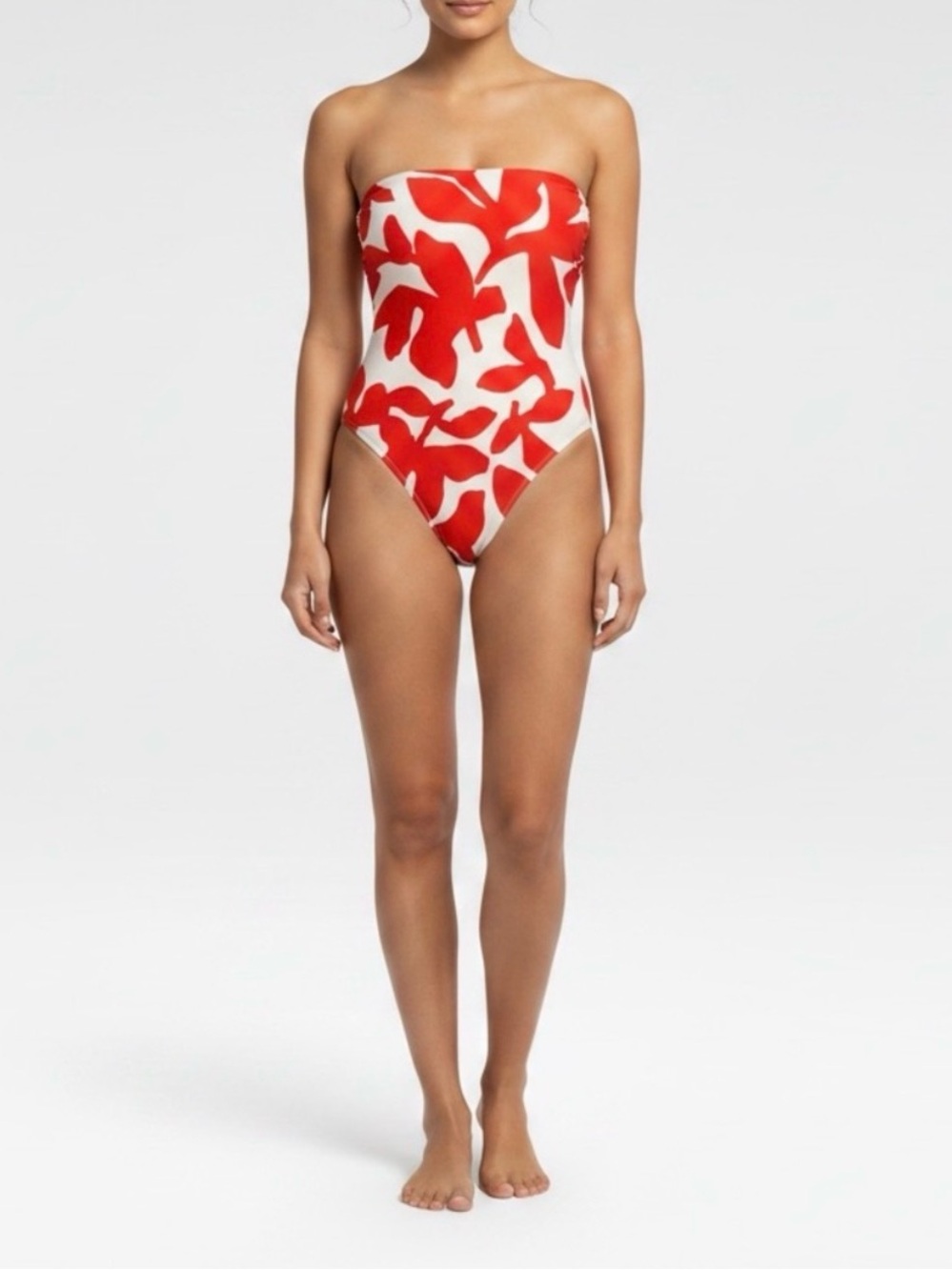 Milly Grand Foliage Red and White Strapless One-Piece Swimsuit $325 retail